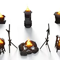 Ancient Scene Design With Burning Fires And Various Fire Pits Wooden Stands Stone Arrangements