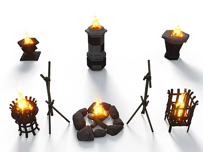 Ancient Scene Design With Burning Fires And Various Fire Pits Wooden Stands Stone Arrangements 3d model
