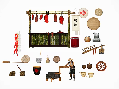 New Chinese Farming Tools Nongjiale Farming Folk Farming Tools Stone Mill Trolley Pole Pepper Corn Woven Bamboo Basket 3d model