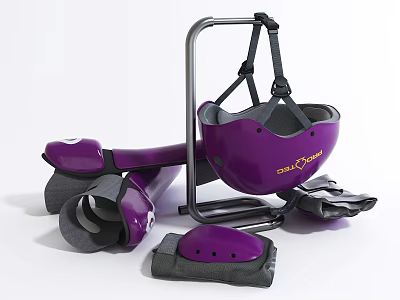 Purple Protective Fitness Gear Set With Helmet Knee Elbow Pads And Training Stand 3d model