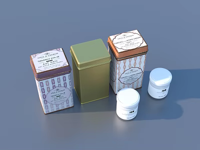 Various Containers With Different Shapes Colorful Labels Metal Tins And White Jars 3d model