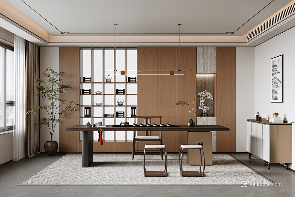 Modern Tea Room Interior With Wooden Long Table Tea Sets Display Shelves And Green Plants 3d model 