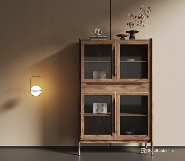 Modern Wooden Storage Cabinet With Glass Doors Shelves And Hanging Lamp Decor 3d model 