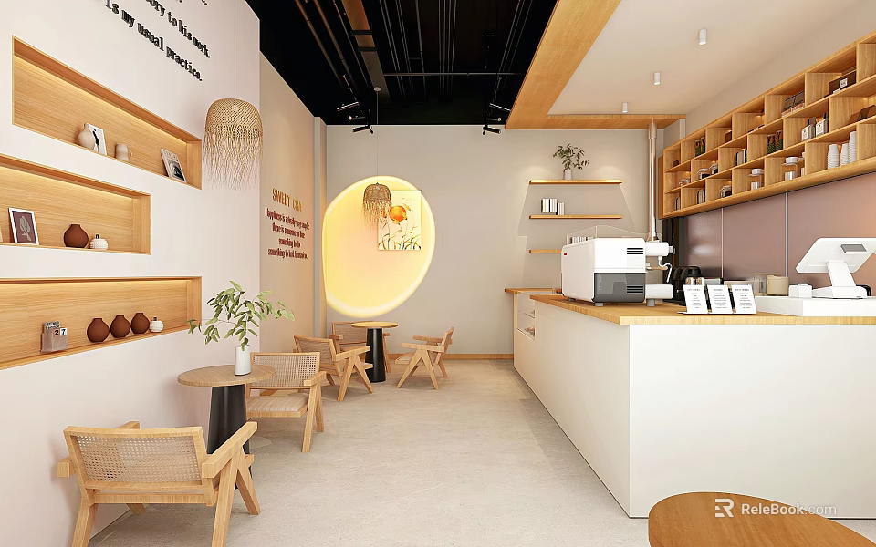 Cozy Bubble Tea Shop Interior With Wooden Tables Chairs Counter Warm Lighting Decorative Plants 3d model 