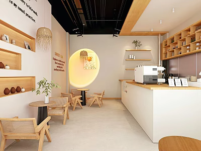 Cozy Bubble Tea Shop Interior With Wooden Tables Chairs Counter Warm Lighting Decorative Plants 3d model