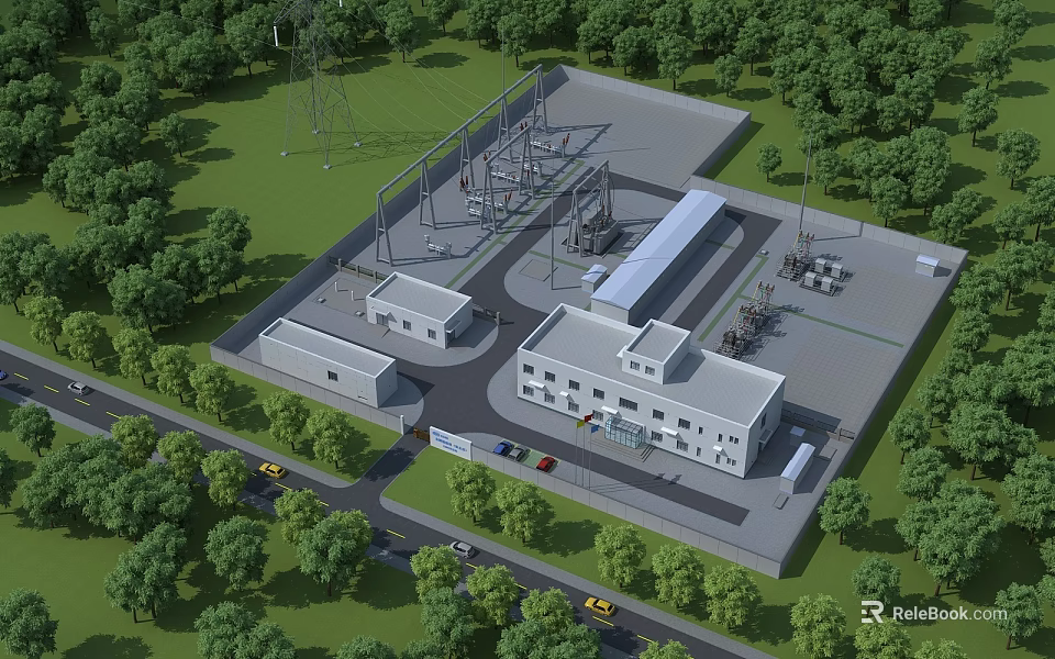 Aerial View Of Modern Industrial Plant With Buildings Trees And Green Surroundings 3d model 