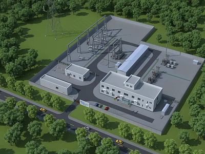 Aerial View Of Modern Industrial Plant With Buildings Trees And Green Surroundings 3d model