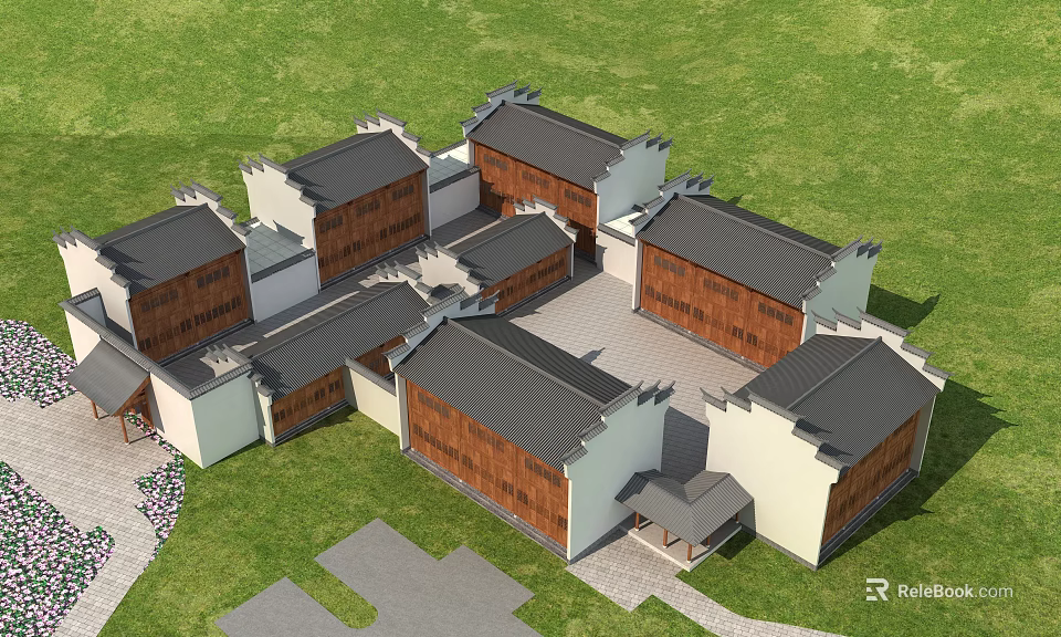 Traditional Ancient Huizhou Architecture Courtyard With White Walls Black Tiles And Horse Head Walls 3d model 