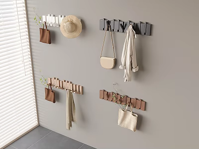 Wall Mounted Wooden and Black Hooks for Hanging Bags Hat and Scarf in Modern Interior 3d model