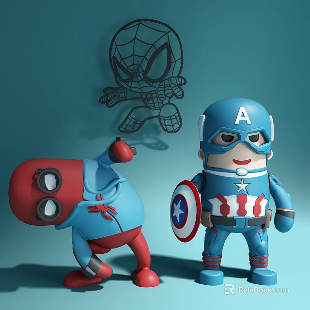 Colorful Spider Man And Captain America Action Figures On Blue Wall With Sketch 3d model 