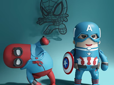 Colorful Spider Man And Captain America Action Figures On Blue Wall With Sketch 3d model