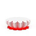 White and Red Round Furniture Piece With Petal Shaped Base And Red Dot Pattern