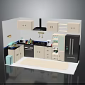 Modern Kitchen Interior Design With Cabinets Range Hood Refrigerator Oven And Countertop