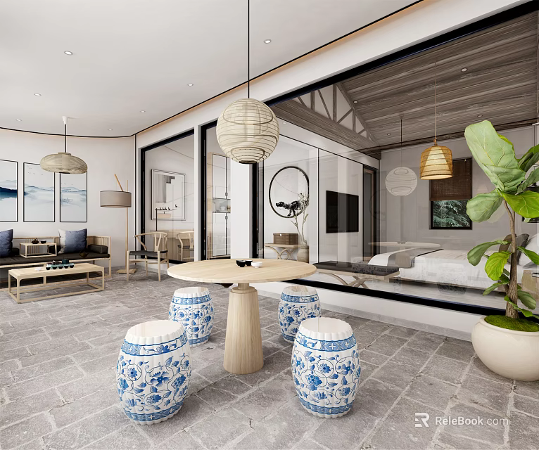 Modern Hotel Room Interior With Open Layout Blue White Porcelain Stools And Green Plant 3d model 