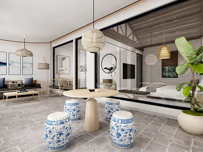 Modern Hotel Room Interior With Open Layout Blue White Porcelain Stools And Green Plant 3d model