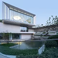 Sleek Modern Building With Glass Curtain Wall Garden Courtyard Water Pool And Landscaped Greenery