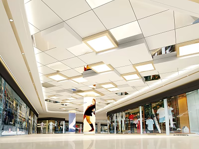 Modern White Suspended Ceiling With Recessed Lighting And Geometric Panels In Commercial Space 3d model