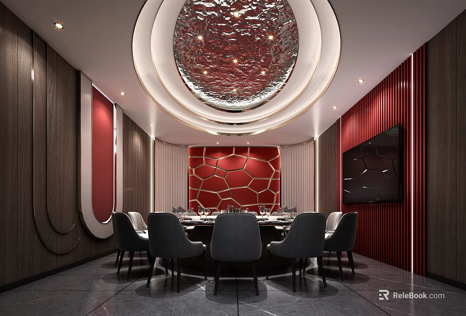 Luxury Private Dining Box Interior With Round Table Comfortable Chairs And Red Decorative Wall 3d model 