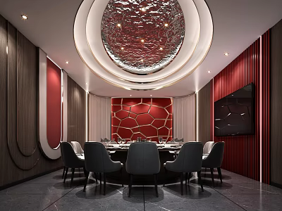 Luxury Private Dining Box Interior With Round Table Comfortable Chairs And Red Decorative Wall 3d model