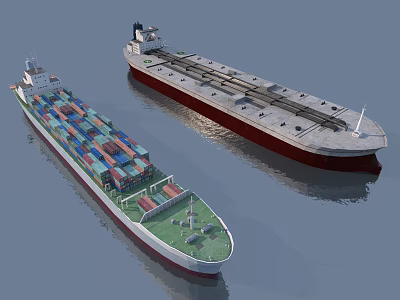 Container Ship Loaded with Colorful Containers and Bulk Carrier with Deck Rails on Water Surface 3d model