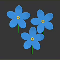 Three Blue Flowers With Green Stems Against Dark Background For Home Decor
