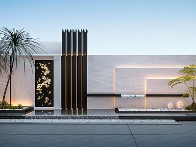Modern Luxury Feature Wall Design With Vertical Black Slats Stone Panel Fountain And Palm Plants 3d model