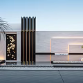 Modern Luxury Feature Wall Design With Vertical Black Slats Stone Panel Fountain And Palm Plants