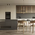 Modern Restaurant Open Kitchen Design With Island Counter Cabinets And Dining Chairs