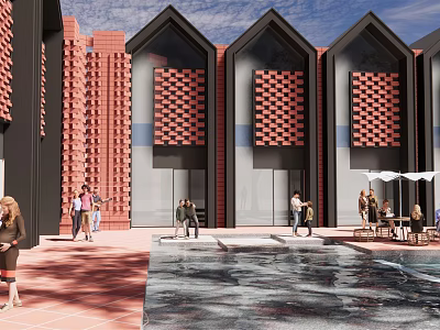Modern Red Brick Architecture With Gabled Windows Courtyard Pool And People Gathering 3d model