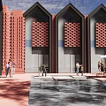 Modern Red Brick Architecture With Gabled Windows Courtyard Pool And People Gathering