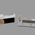 Two Modern Reception Desks With Marble Countertop Wooden Accents And Decorative Tree