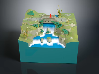 Miniature Landscape Scene Model With Waterfall Bridge Green Plants And Bamboo 3d model
