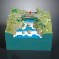 Miniature Landscape Scene Model With Waterfall Bridge Green Plants And Bamboo