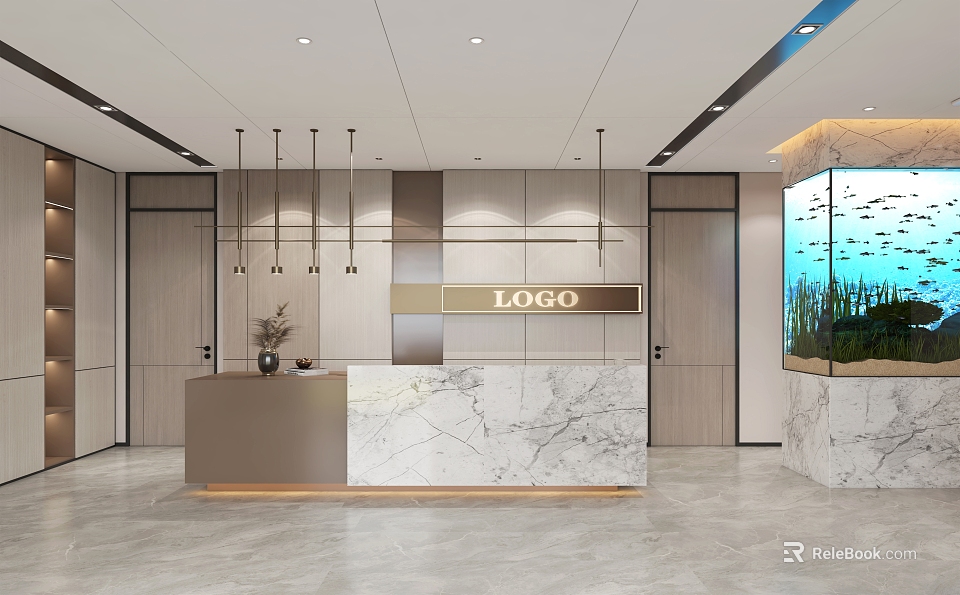 Modern Reception Area Featuring Marble Front Desk Company Logo Hanging Lights and Large Aquarium 3d model 