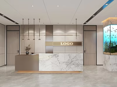Modern Reception Area Featuring Marble Front Desk Company Logo Hanging Lights and Large Aquarium 3d model
