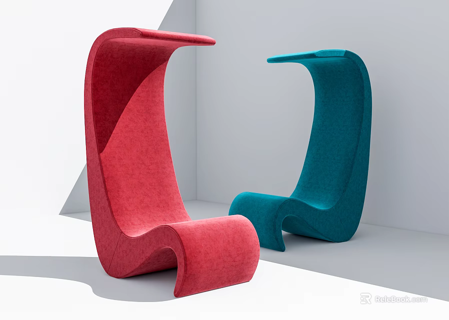 Stylish Modern Curved Single Chairs Red and Blue Upholstered Fabric Design 3d model 