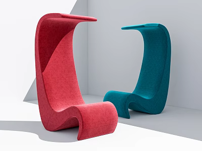 Stylish Modern Curved Single Chairs Red and Blue Upholstered Fabric Design 3d model