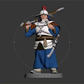 Traditional Warrior Statue In Blue Robe With Red Top Hat Holding Long Pole Weapon