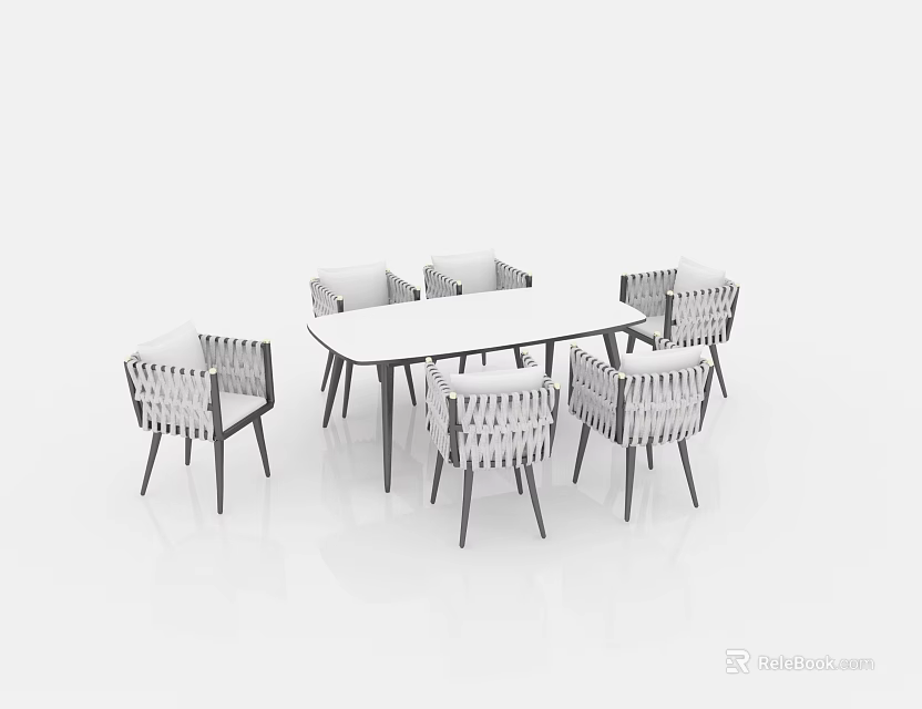 Six Piece Modern Dining Table And Chair Set With White Tabletop And Woven Design Chairs 3d model 