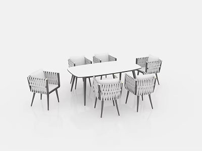 Six Piece Modern Dining Table And Chair Set With White Tabletop And Woven Design Chairs 3d model