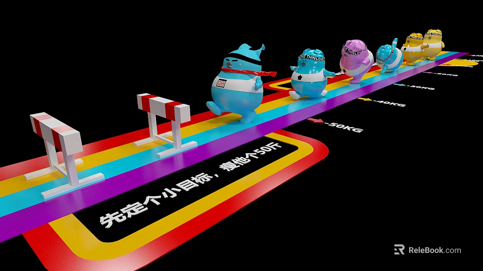 Cartoon Characters Running On Rainbow Track With Hurdles For Weight Loss Goal 3d model 