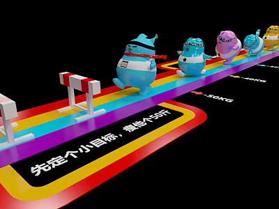 Cartoon Characters Running On Rainbow Track With Hurdles For Weight Loss Goal 3d model