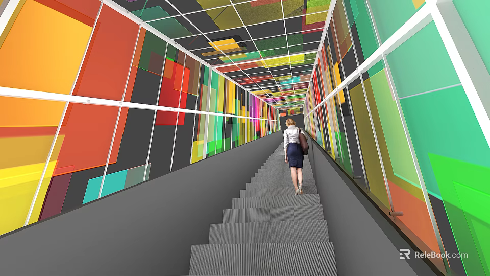 Elevator Corridor With Colorful Geometric Patterned Walls Ceiling And Gray Textured Floor With Person Walking 3d model 