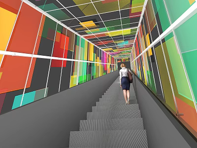 Elevator Corridor With Colorful Geometric Patterned Walls Ceiling And Gray Textured Floor With Person Walking 3d model