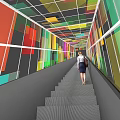 Elevator Corridor With Colorful Geometric Patterned Walls Ceiling And Gray Textured Floor With Person Walking