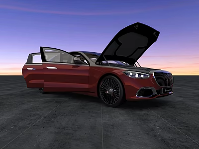 Red Sedan Car With Open Hood And Doors Against Sunset Sky On Gray Pavement 3d model