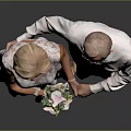 Elderly Couple Holding Hands Woman In White Dress With Bouquet Man In White Shirt