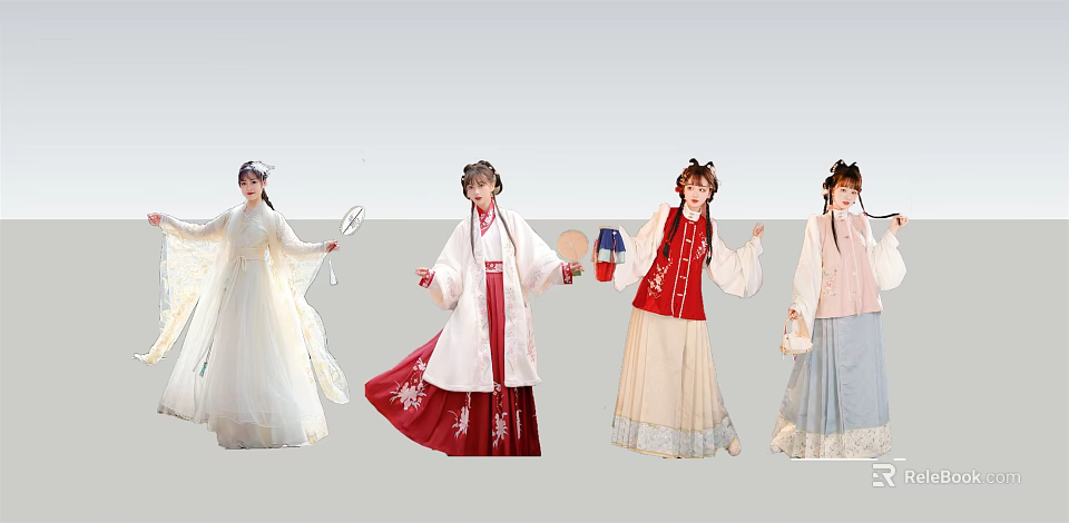 Multiple People Wearing Traditional Chinese Hanfu In Different Elegant Styles 3d model 