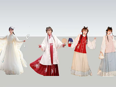 Multiple People Wearing Traditional Chinese Hanfu In Different Elegant Styles 3d model