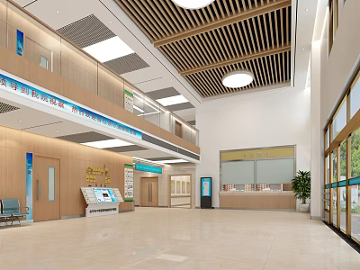 Spacious Hospital Lobby Interior With Wooden Ceiling Double Story Reception And Seating 3d model